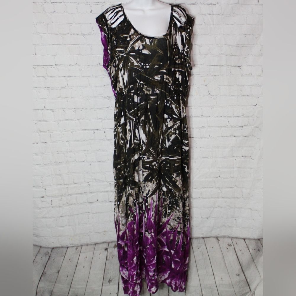 Take Two Floral Maxi Dress – Women’s XL Purple Brown Sleeveless Rayon Boho Look